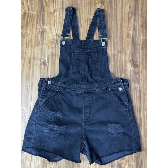 H&M Divided Bib Overall Jean Shorts Womens 10 Black Distressed Frayed Cut Offs - Picture 1 of 6
